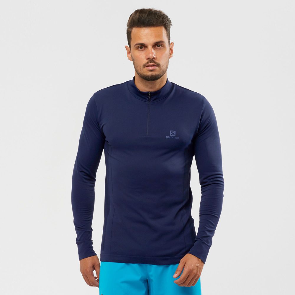 Salomon Singapore Mens Midlayers - ESSENTIAL SEAMLESS Navy | 74219-KAUB